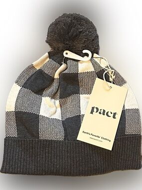 Pact OrganicWomen’s Charcoal & Cream Check Pom Beanie